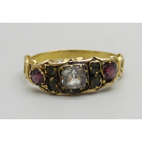 926 - An antique ring set with crystal and amethyst, tests as high carat gold, 1.7g, Q