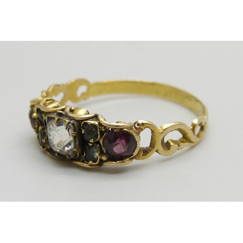 926 - An antique ring set with crystal and amethyst, tests as high carat gold, 1.7g, Q