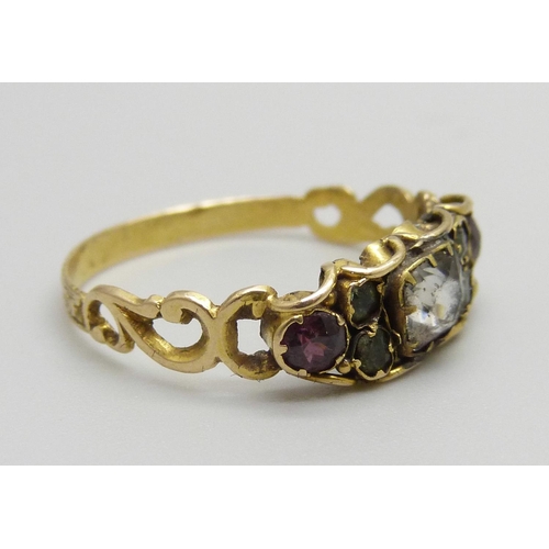 926 - An antique ring set with crystal and amethyst, tests as high carat gold, 1.7g, Q