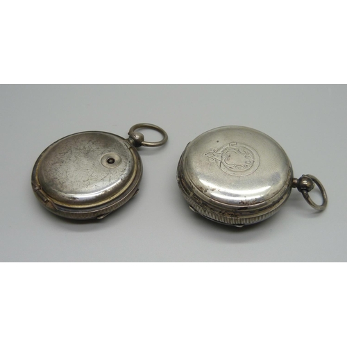 928 - Two silver pocket watches, a/f and one lacking case back