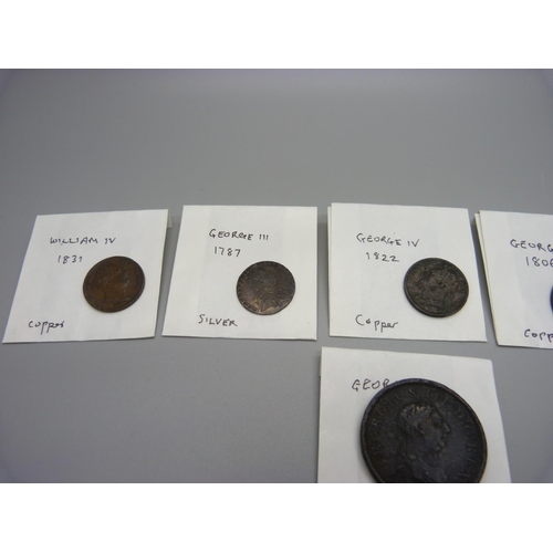 989 - A silver 1787 George III coin, three other George III coins, a George IV coin and a William IV coin,... 