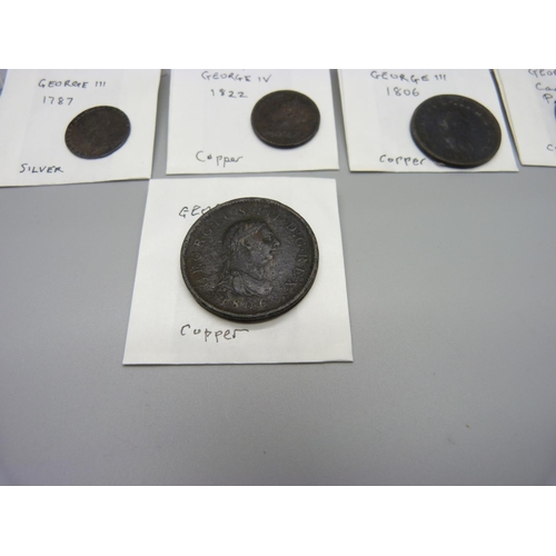 989 - A silver 1787 George III coin, three other George III coins, a George IV coin and a William IV coin,... 