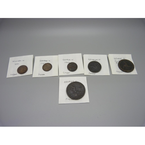 989 - A silver 1787 George III coin, three other George III coins, a George IV coin and a William IV coin,... 