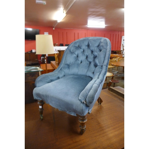 133 - A Victorian mahogany and blue fabric upholstered lady's chair