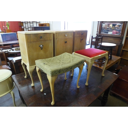 237 - Three walnut bedside tables and two stools