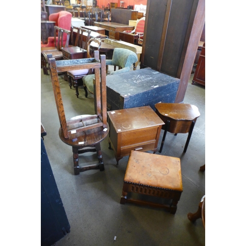 239 - Two small oak sewing tables, oak and leather stool, stick stand and a small oak and mahogany topped ... 