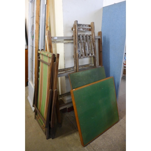 242 - Three folding card tables, deck chair, stepladder and two Victorian pine clothes airers