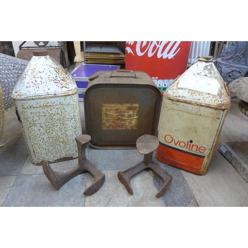 264 - Three vintage oil and paraffin cans and two cobblers lasts