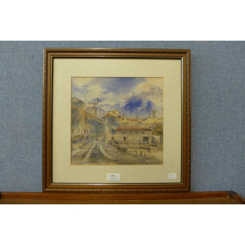 285 - Continental School, alpine town scene, watercolour, framed