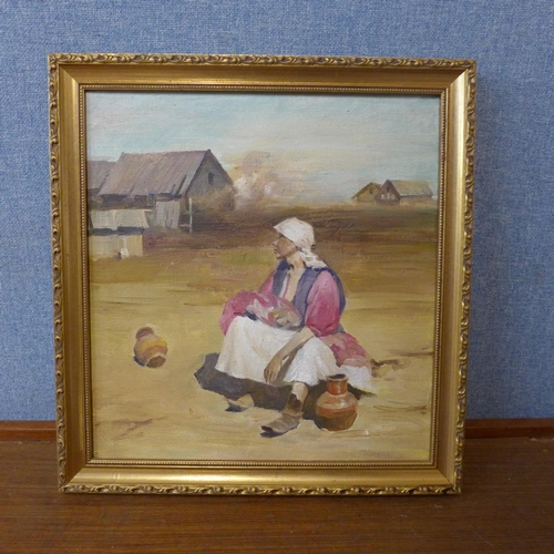 287 - Continental school, landscape with a seated woman, oil on canvas, indistinctly signed verso, framed