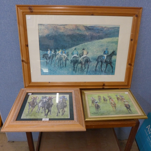 291 - John T. Impey, two horse racing scenes, watercolours and a print, framed