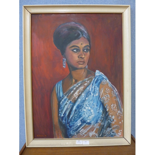 293 - K. Waltham, portrait of a Hindu lady, oil on board, framed