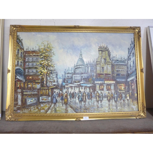 294 - A French street landscape, acrylic on canvas, unsigned, framed