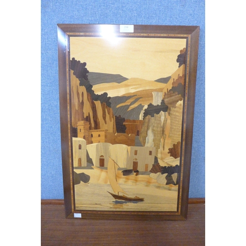 298 - An Italian marquetry inlaid lake scene panel