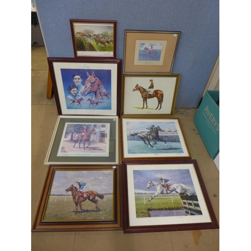 303 - Seven horse racing prints, some bearing the jockey's signatures