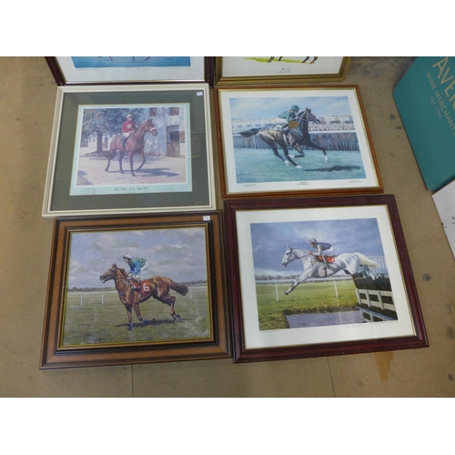 303 - Seven horse racing prints, some bearing the jockey's signatures