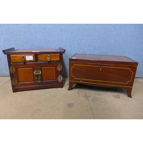 344 - An Edward VII burr walnut and inlaid mahogany table top chest and a Chinese hardwood table top cabin... 