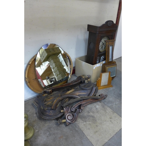 354 - An Art Deco picture frame, an oak barometer and a toilet mirror, a/f