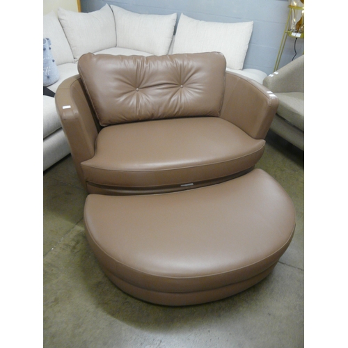 1314 - A mocha tan leather upholstered button back loveseat with footstool