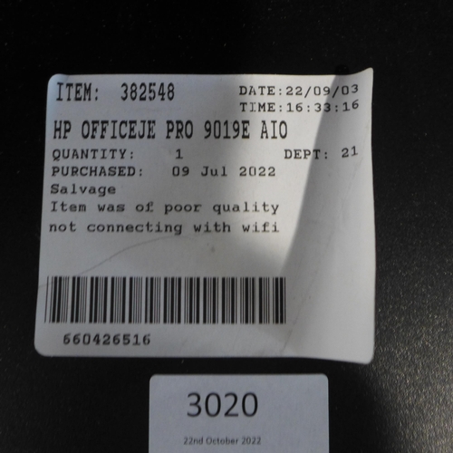 3020 - Hp Officeje Pro 9019E AIO Printer PR/CP/SC/FX, Original RRP £189.99 + vat  (269-368)   * This lot is... 