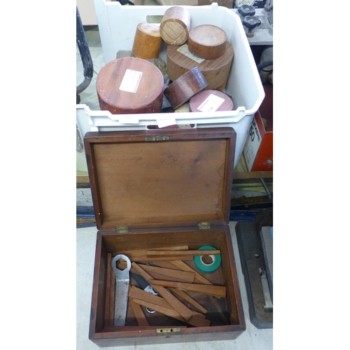 2013 - Tub and small wood chest of assorted hardwood with qty of joinery screws and approx 30 large coach b... 