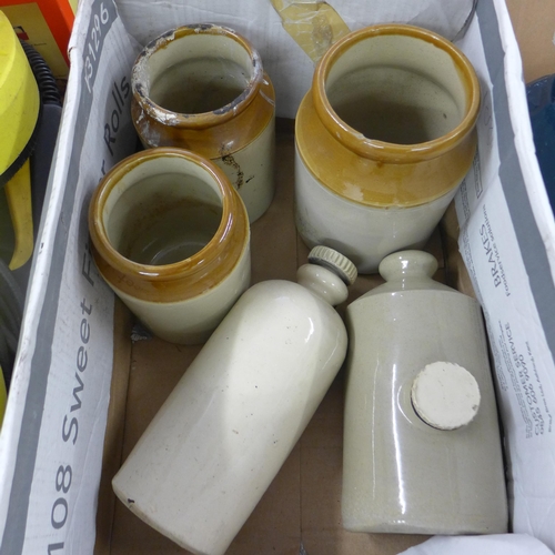 2059 - 3 Ceramic kitchen storage jars and two stone hot water bottles