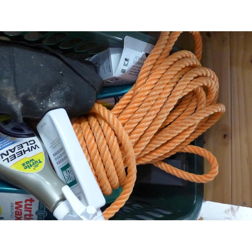 2104 - Box of car care products: tow rope, polish, 12v battery, etc.