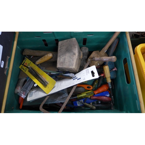 2124 - 2 Plastic crates & box of approx. 150 hand tools