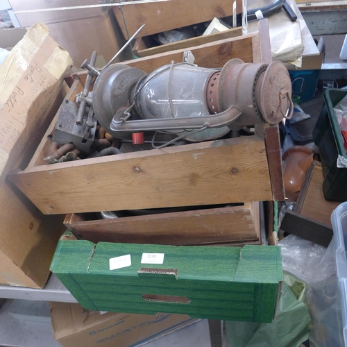 2132 - Two boxes of garage items: metal chains + runners, various tools, paraffin lamp and more