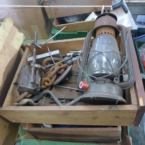 2132 - Two boxes of garage items: metal chains + runners, various tools, paraffin lamp and more