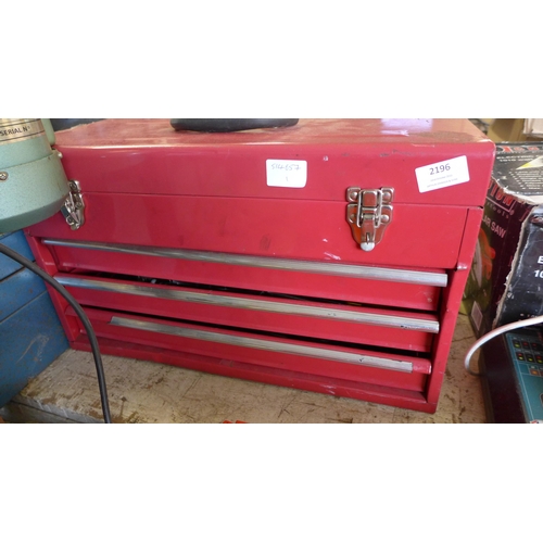 2196 - Red metal tool box inc. spanners, Allen keys, mallet, wrenches, screwdrivers, etc.