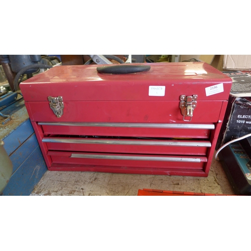 2196 - Red metal tool box inc. spanners, Allen keys, mallet, wrenches, screwdrivers, etc.