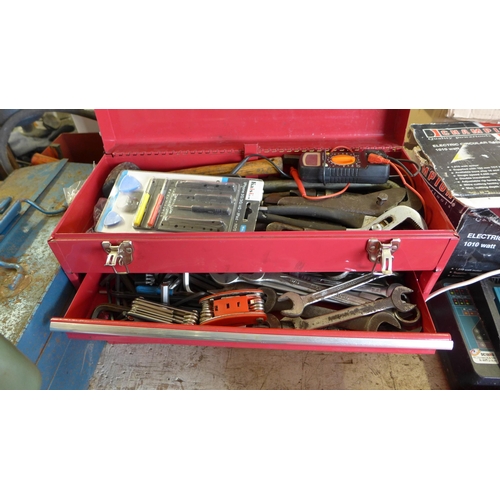 2196 - Red metal tool box inc. spanners, Allen keys, mallet, wrenches, screwdrivers, etc.