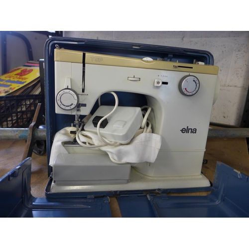 2202 - job lot of sewing machines: 2 industrial Singers, 3 domestic including Elna, Bernina, etc.