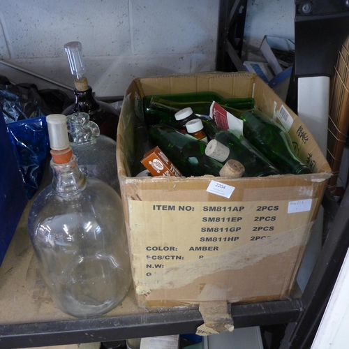 2204 - 3 demi johns with box of approx 20 unused wine bottles and brewing consumables