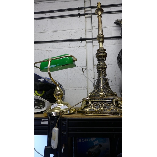 2217 - Two brass table lamps, one bankers lamp and one other