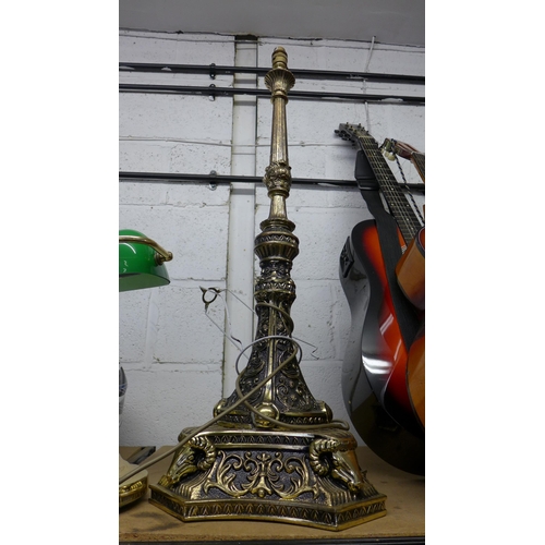 2217 - Two brass table lamps, one bankers lamp and one other