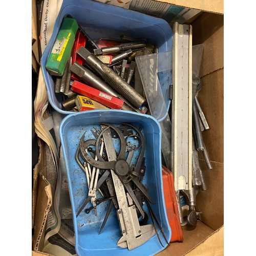 2121 - 2 Boxes of engineering tools: taps and dies, calipers, drill bits, etc.