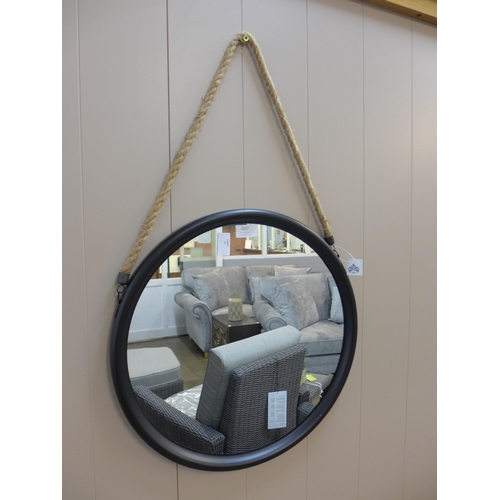 1327 - A medium black metal mirror on hanging rope, 46cms (JRG1809)   #