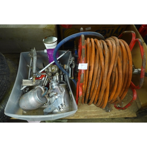 2167 - Six pneumatic tools and approx. 30 mtrs pressure hose on reel