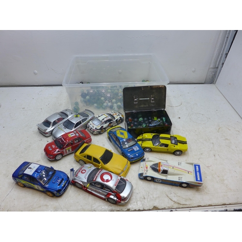 2244 - Approx. 40 marbles, some vintage and approx. 12 Scalextric cars