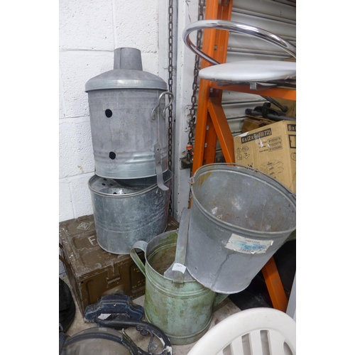 2427 - Ammunition box and qty of galvanised items: pail, watering can, burner gas