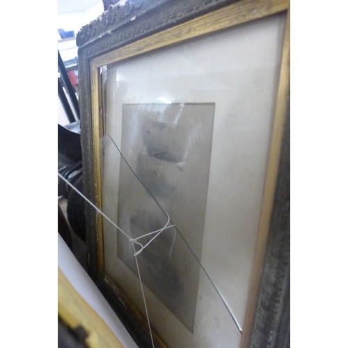 2169 - 9 framed pieces of wall art, some vintage, some original art drawings. Approx sizes from 30x20 to 60... 