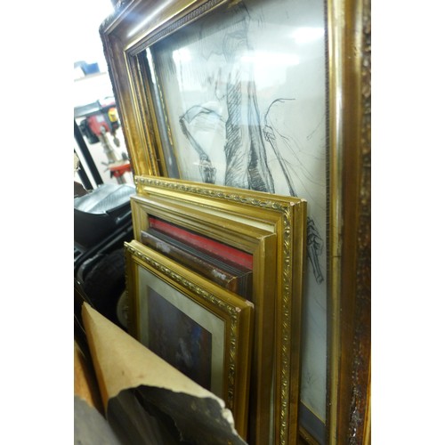 2169 - 9 framed pieces of wall art, some vintage, some original art drawings. Approx sizes from 30x20 to 60... 