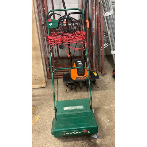 2421 - Tacklife electric tiller and Qualcast electric lawn rake