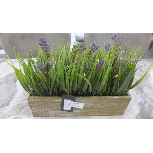 1318 - A display of faux lavender and onion grass in a wooden box, W 30cms (65880013)   #