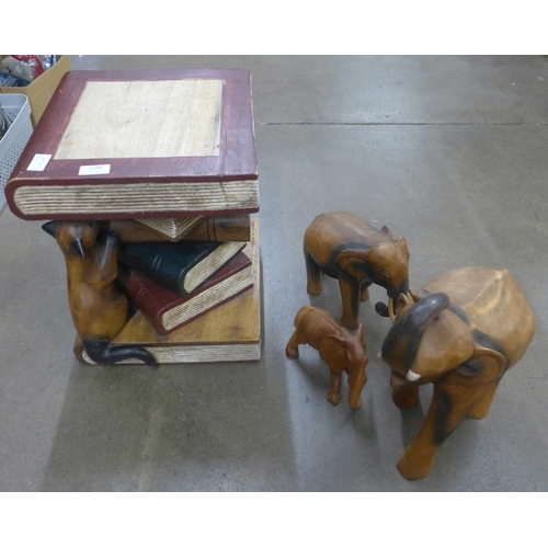 1109 - Three carved wooden elephants and a side table/stool in the form of a cat climbing on books **PLEASE... 