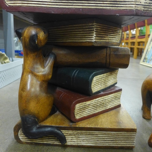 1109 - Three carved wooden elephants and a side table/stool in the form of a cat climbing on books **PLEASE... 