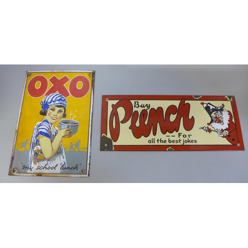614 - An Oxo enamel sign and a Buy Punch enamel sign