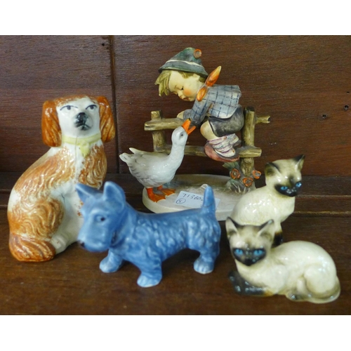 615 - A West German Goebel figure, a Staffordshire dog, Sylvac dog and two cat figures
